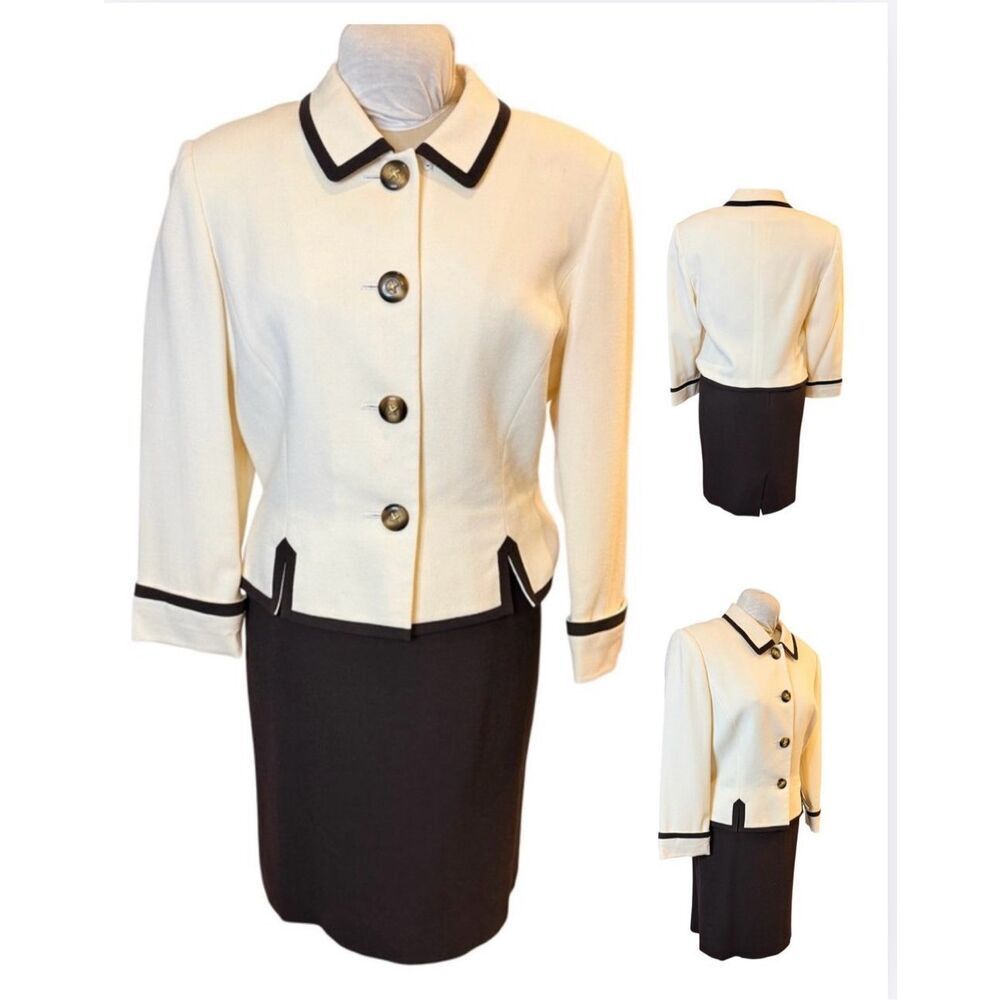 Albert Nipon Skirt Suit Sz. 12 Brown & Cream Button Front Blazer Skirt Wool Line